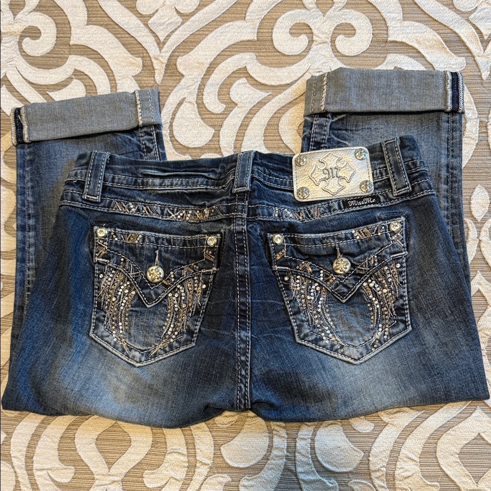 Miss Me Dark Blue Boot Cut Jeans with Embellished Pockets